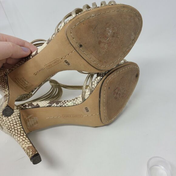 Vince Camuto Champagne Tan Snake-Embossed Leather Ankle Strap Stiletto Heel 8.5 - Picture 6 of 7